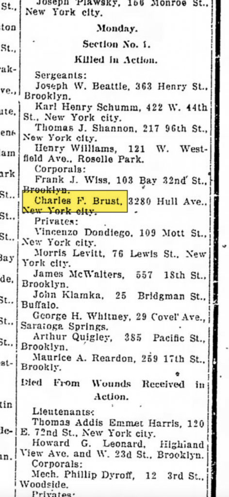 Charles F. Brust death announcement in the The Kingston Daily Freeman, 7 October 1918